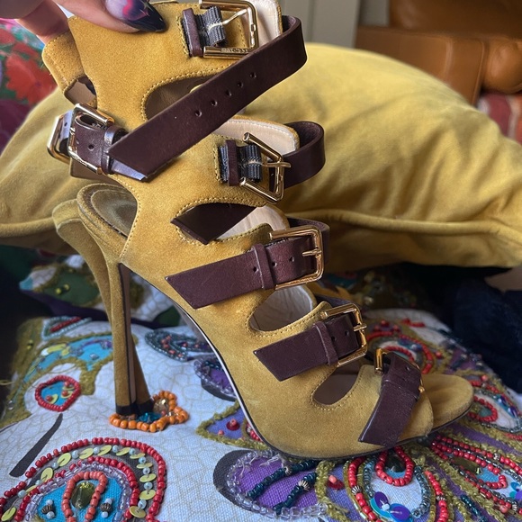 Jimmy Choo Trick 110 Suede Heeled Sandals in Yellow Brown - Picture 2 of 10
